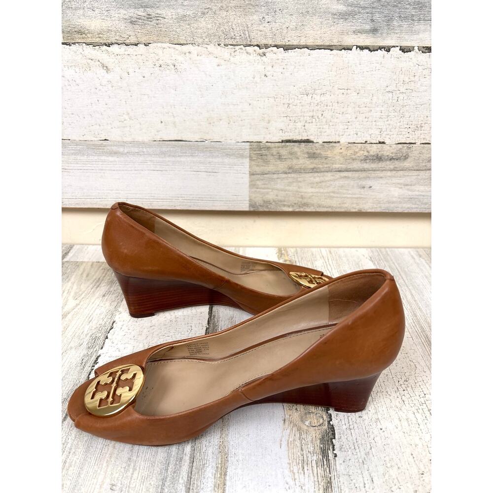 Tory Burch Womens 9.5 Brown Leather Karma Wedge Open Toe Heel Sandal Pump - Picture 5 of 9